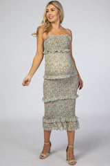 Light Olive Floral Chiffon Smocked Fitted Maternity Midi Dress