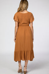 Camel Smocked V-Neck Maternity Midi Dress