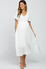 Ivory Smocked V-Neck Maternity Midi Dress