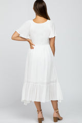 Ivory Smocked V-Neck Maternity Midi Dress