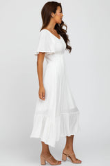 Ivory Smocked V-Neck Midi Dress