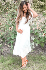 Ivory Smocked V-Neck Maternity Midi Dress