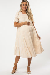 Beige Pleated Ruffle Tier Maternity Midi Dress