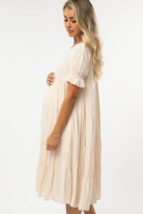 Beige Pleated Ruffle Tier Maternity Midi Dress