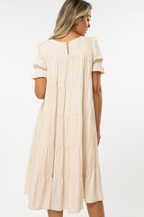 Beige Pleated Ruffle Tier Maternity Midi Dress