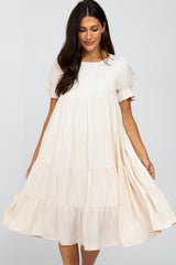 Beige Pleated Ruffle Tier Midi Dress