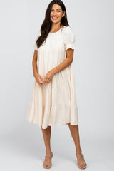 Beige Pleated Ruffle Tier Maternity Midi Dress