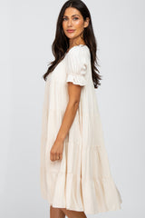 Beige Pleated Ruffle Tier Midi Dress