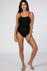 Black Ribbed Side Tie One-Piece Swimsuit