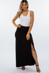 Black Foldover Side Slit Maternity Maxi Skirt