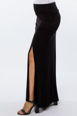 Black Foldover Side Slit Maxi Skirt