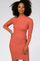 Rust Ribbed Mock Neck Fitted Dress