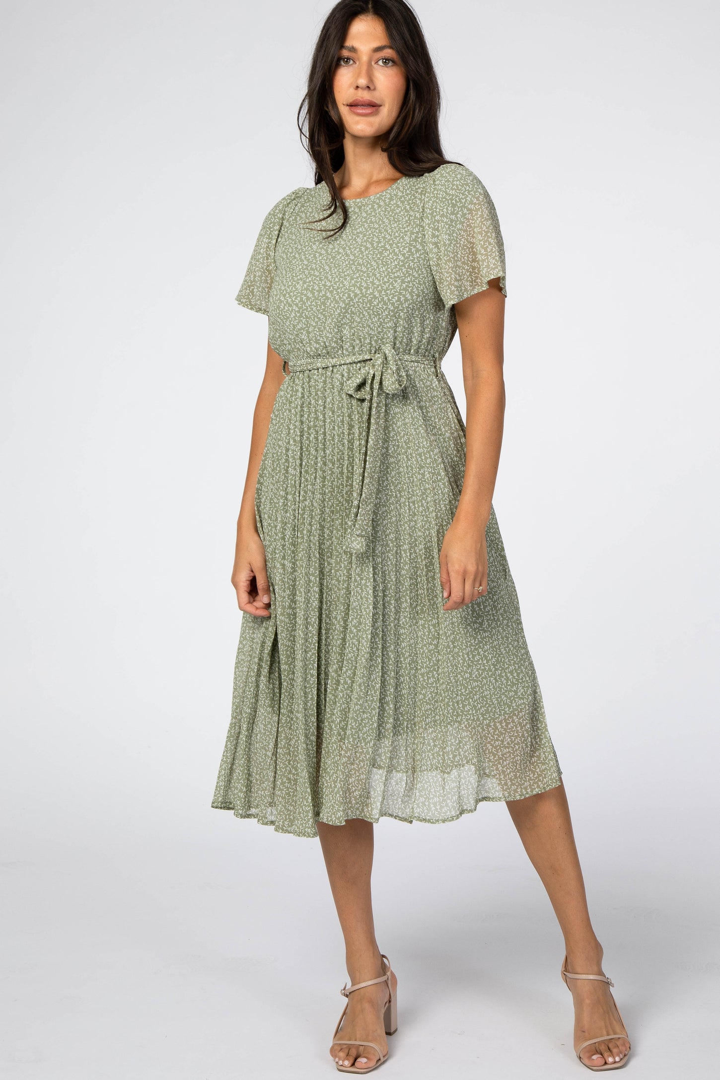 Light Olive Leaf Print Pleated Maternity Midi Dress – PinkBlush