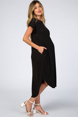 Black Ribbed Curved Hem Maternity Midi Dress