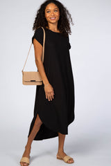 Black Ribbed Curved Hem Maternity Midi Dress