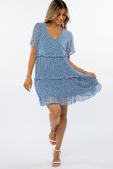 Blue Feather Print Tiered Maternity Dress