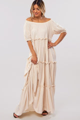 Cream Off Shoulder Ruffle Tiered Maxi Dress