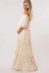 Cream Off Shoulder Ruffle Tiered Maternity Maxi Dress