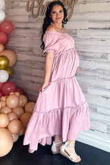 Mauve Off Shoulder Ruffle Tiered Maternity Maxi Dress