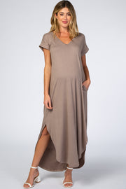 Taupe Side Slit Maternity Maxi Dress