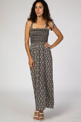 Black Leaf Print Shoulder Tie Maxi Dress