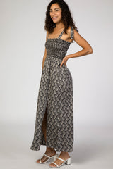 Black Leaf Print Shoulder Tie Maxi Dress