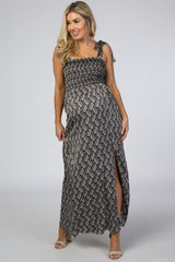 Black Leaf Print Shoulder Tie Maternity Maxi Dress