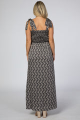 Black Leaf Print Shoulder Tie Maternity Maxi Dress