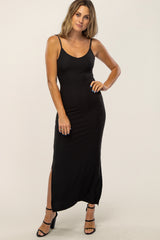 Black Ribbed Side Slit Maternity Maxi Dress