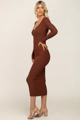 Mocha V-Neck Long Sleeve Fitted Maxi Dress