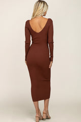 Mocha V-Neck Long Sleeve Fitted Maxi Dress