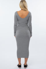 Heather Grey  V-Neck Long Sleeve Fitted Maternity Maxi Dress