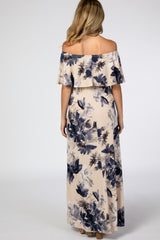 Taupe Navy Floral Off Shoulder Maternity Maxi Dress