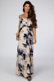 Taupe Navy Floral Off Shoulder Maxi Dress