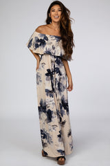 Taupe Navy Floral Off Shoulder Maxi Dress