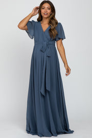 Blue Chiffon Short Sleeve Maternity Maxi Dress