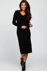 Black Tie Front Maternity Sweater Midi Dress