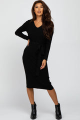 Black Tie Front Sweater Midi Dress