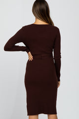 Brown Tie Front Maternity Sweater Midi Dress