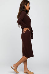 Brown Tie Front Sweater Midi Dress