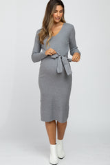 Heather Grey Tie Front Maternity Sweater Midi Dress