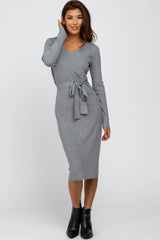 Heather Grey Tie Front Sweater Midi Dress