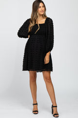 Black Textured Dot Smocked Square Neck Chiffon Maternity Dress