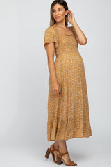 Mustard Floral Smocked Maternity Maxi Dress