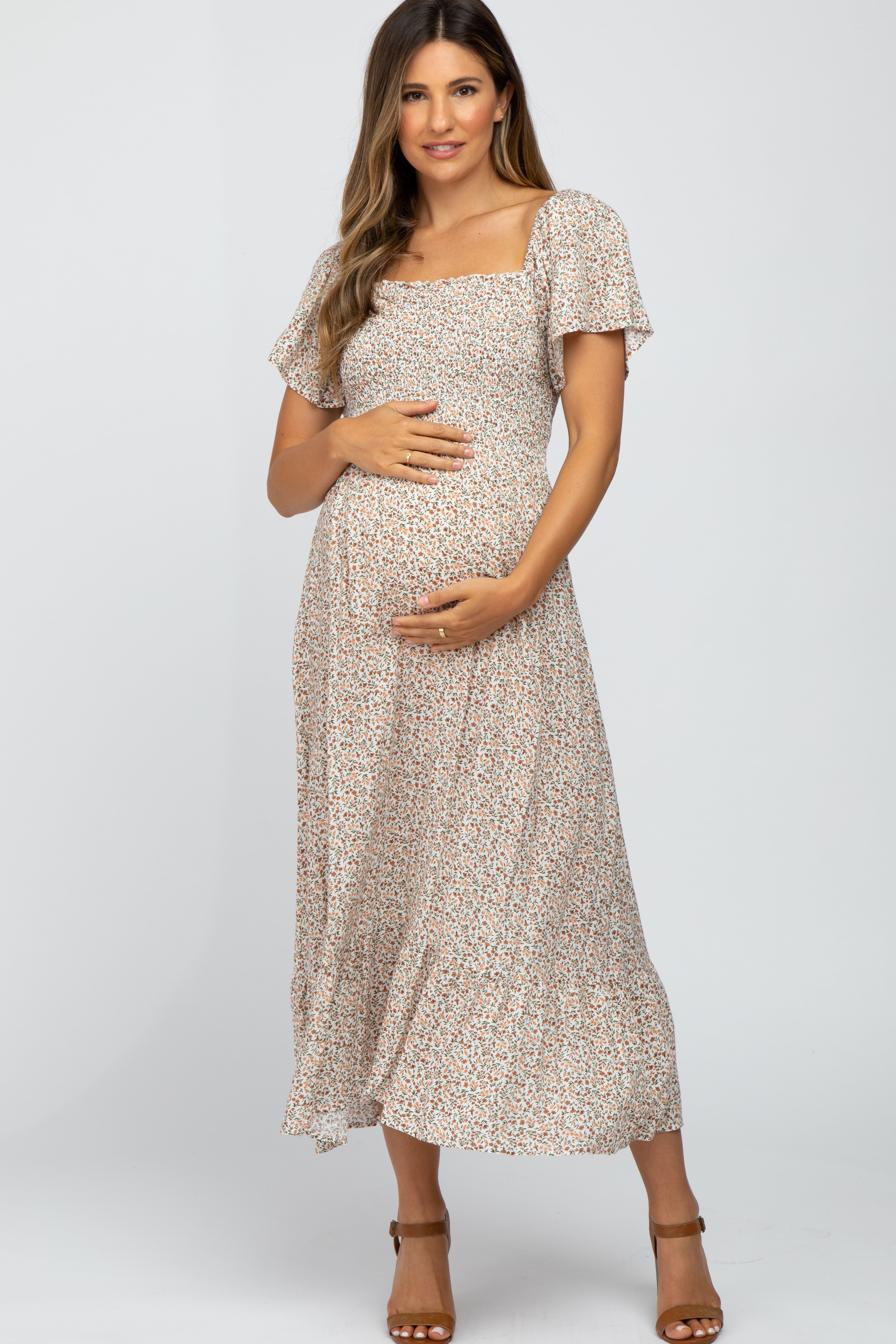 Ivory Floral Smocked Maternity Maxi Dress – PinkBlush