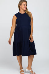 Navy Ribbed Sleeveless Plus Maternity Midi Dress