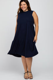 Navy Ribbed Sleeveless Plus Midi Dress