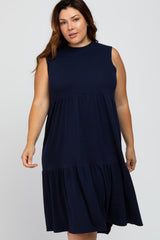 Navy Ribbed Sleeveless Plus Midi Dress