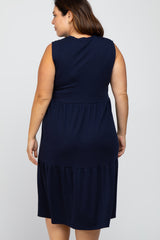 Navy Ribbed Sleeveless Plus Midi Dress