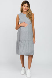 Heather Grey Ribbed Sleeveless Maternity Midi Dress